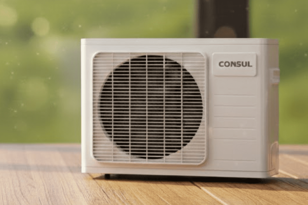 Ar condicionado de janela moderno instalado em parede branca, design clean e minimalista, representando os melhores modelos de climatização de 2026